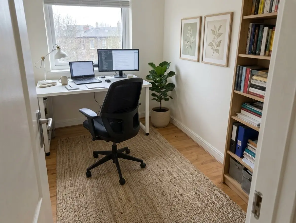 The same home office, finished: the rack and boxes gone, a jute rug under the chair, a task lamp, two prints and a floor plant